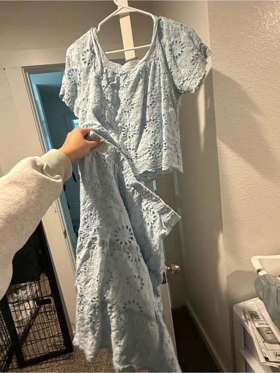 No brand Tops - Light Blue Eyelet Short-Sleeve Women's Top Skirt set
